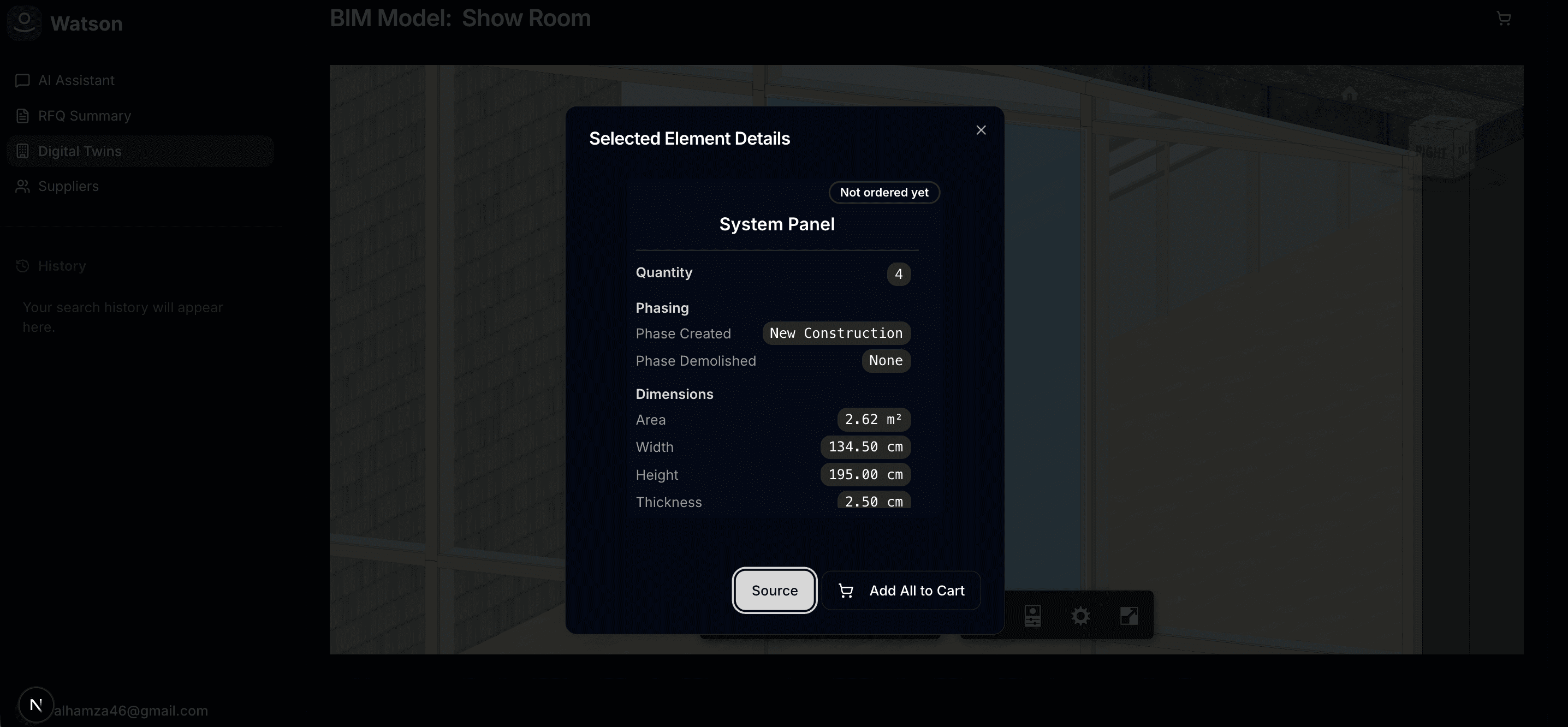 Watson selected element details and sourcing actions