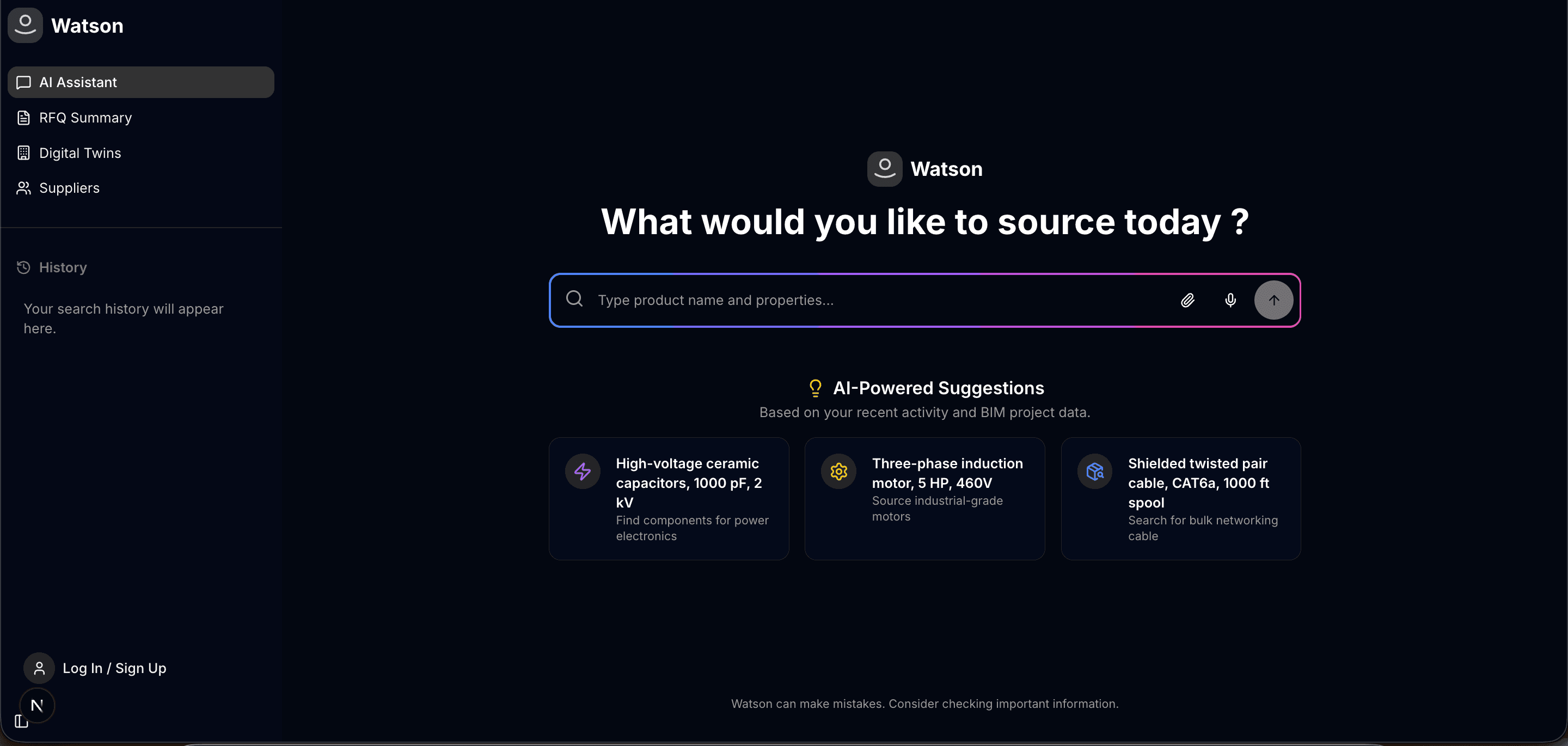 Watson RFQ sourcing form with AI procurement assistant