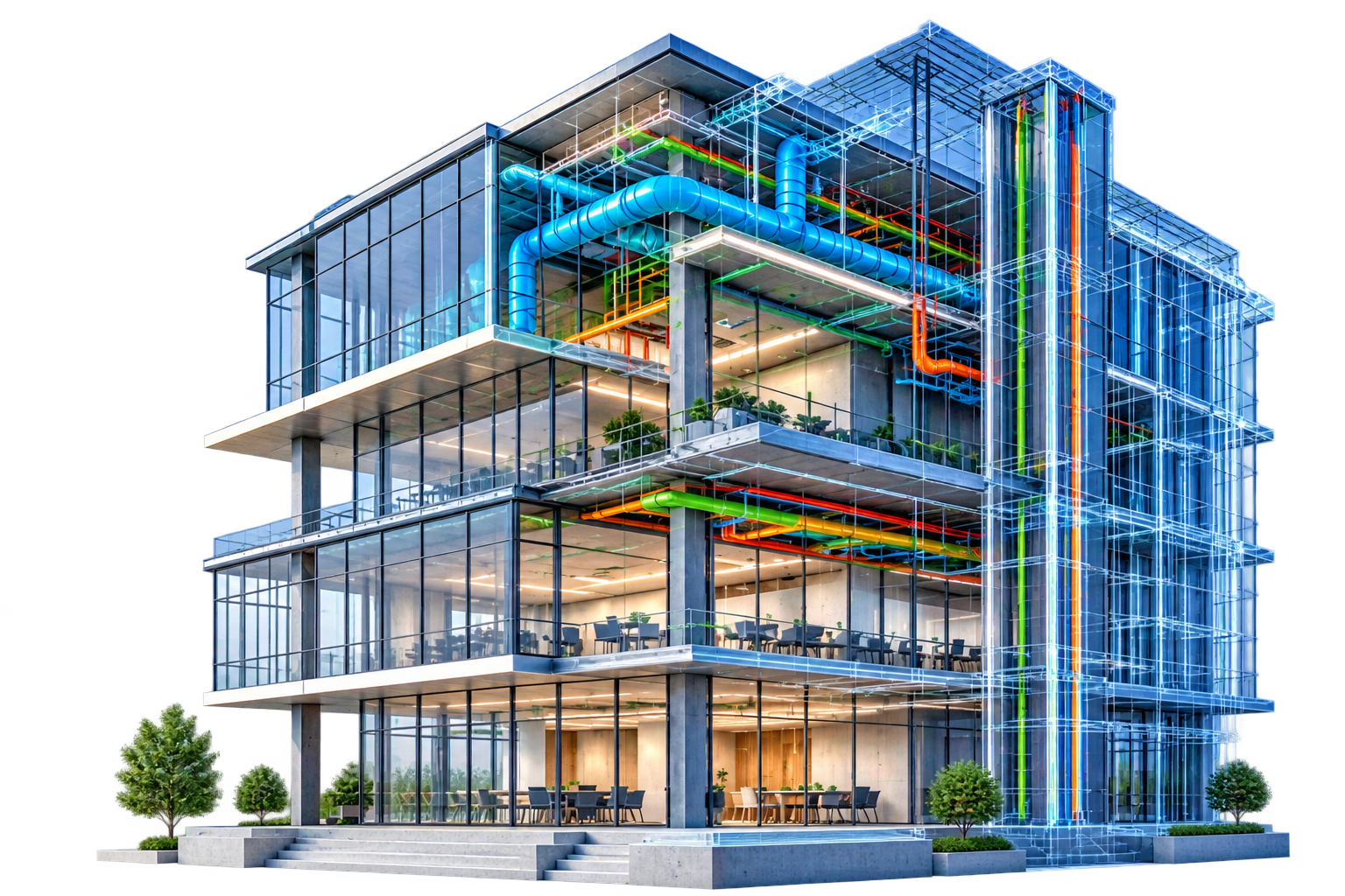 Isometric BIM building model with architecture, structure, MEP, and asset layers